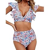 Soucrat Women's Ruffle High Waisted Swimsuit Two Piece Tropical Print Swimsuit Push Up Bathing Suit