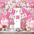 ORDA Pink Gold Birthday Party Decorations, Happy Birthday Banner, Pink Fringe Curtain, Heart Star Foil Confetti Balloons, Hanging Swirls for Women Girls Birthday Princess Party