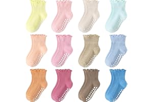 Aroveea Baby Toddler Girls Socks Grip Ruffle Non Slip Girls Cotton 12 Pack Socks for Kids Cute Ankle 6M-7Years