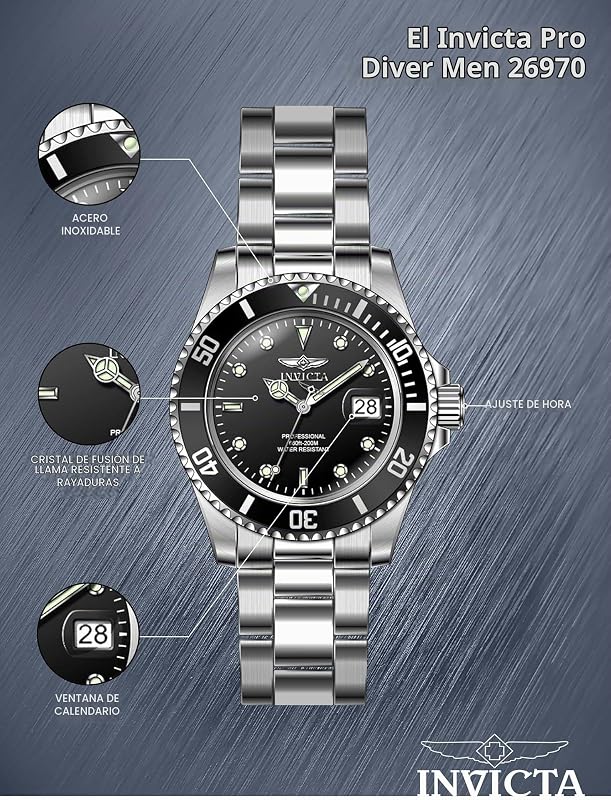 Relógio masculino de quartzo em aço inoxidável invicta pro diver, preto/prata, 40 mm