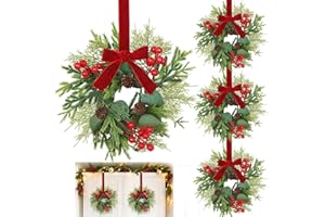 TURNMEON 4 Pcs 11" Small Christmas Wreaths for Windows Kitchen Cabinets, Mini Christmas Wreath with Cedar Cypress Eucalyptus Leaf Pinecones Red Berried Bow Christmas Wreaths for Front Door Wall Chairs Stairs
