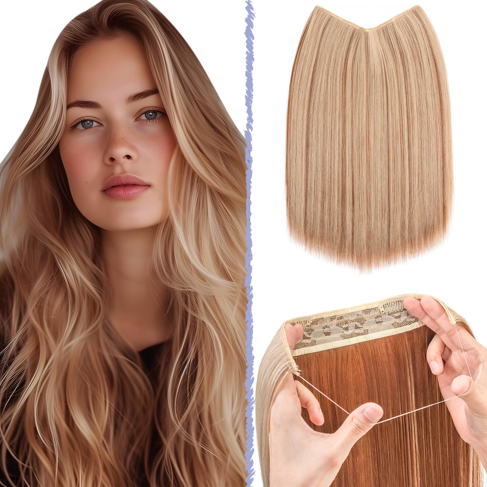 TESS Secret Wire Hair Extension Invisible One Piece Synthetic Hair Extensions Straight Full Thick Long Adjustable Hairpieces for Women (Caramel Brown Mixeded Ash Blonde, 16 Inch) — image 1