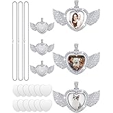 Junkin 24Pcs Sublimation Rhinestone Trays Pendant Set, Angel Theme Heart Jewelry Blanks 6 Double Sided Charms Bezel Trays 6 Pcs Chains 12 Sublimation Discs for Craft