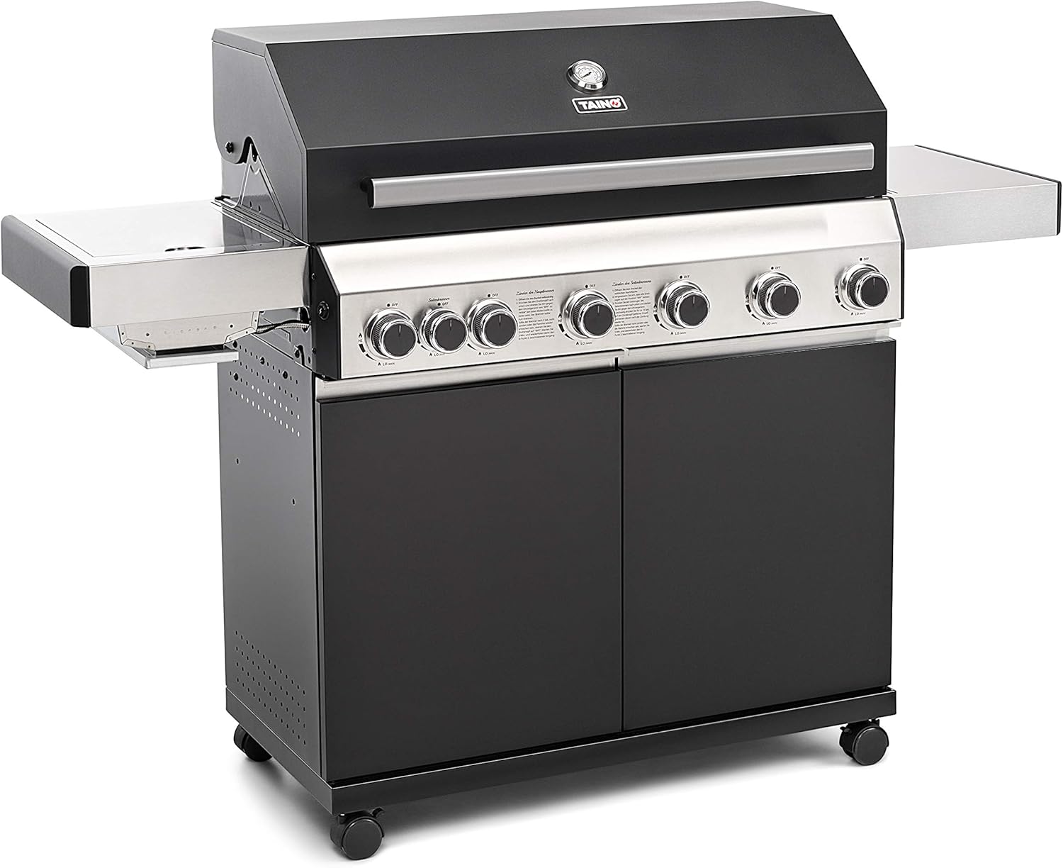 TAINO Black Gasgrill RED Edelstahl Sear-Burner Power-Zone Keramik-Brenner BBQ Grillwagen Griller Gusseisen Seitenkocher Piezozündung (Black 6+1)