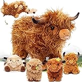 OUOZZZ Highland Cow Stuffed Animal – 14.5" Large Realistic Fluffy Cow Plush Toy with 4 Baby Calves – Travel-Friendly & Portable Gift for Baby Girls, Boys, Toddlers & Kids 3 Year Old