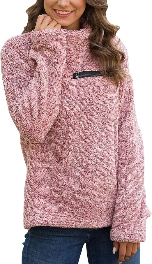 Womens Oversized Hoodies Zipper Cozy Sherpa Fleece Warm Pullover Sweatshirt Outwear Red White