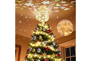BROSYDA Snowman Christmas Tree Topper Lighted, Twinkle Led Decoration Lights for Star Tree Topper, Built-in 6 Patterns 360° Rotatin LED Projector Lights for Christmas Tree Decor Indoor, Gold