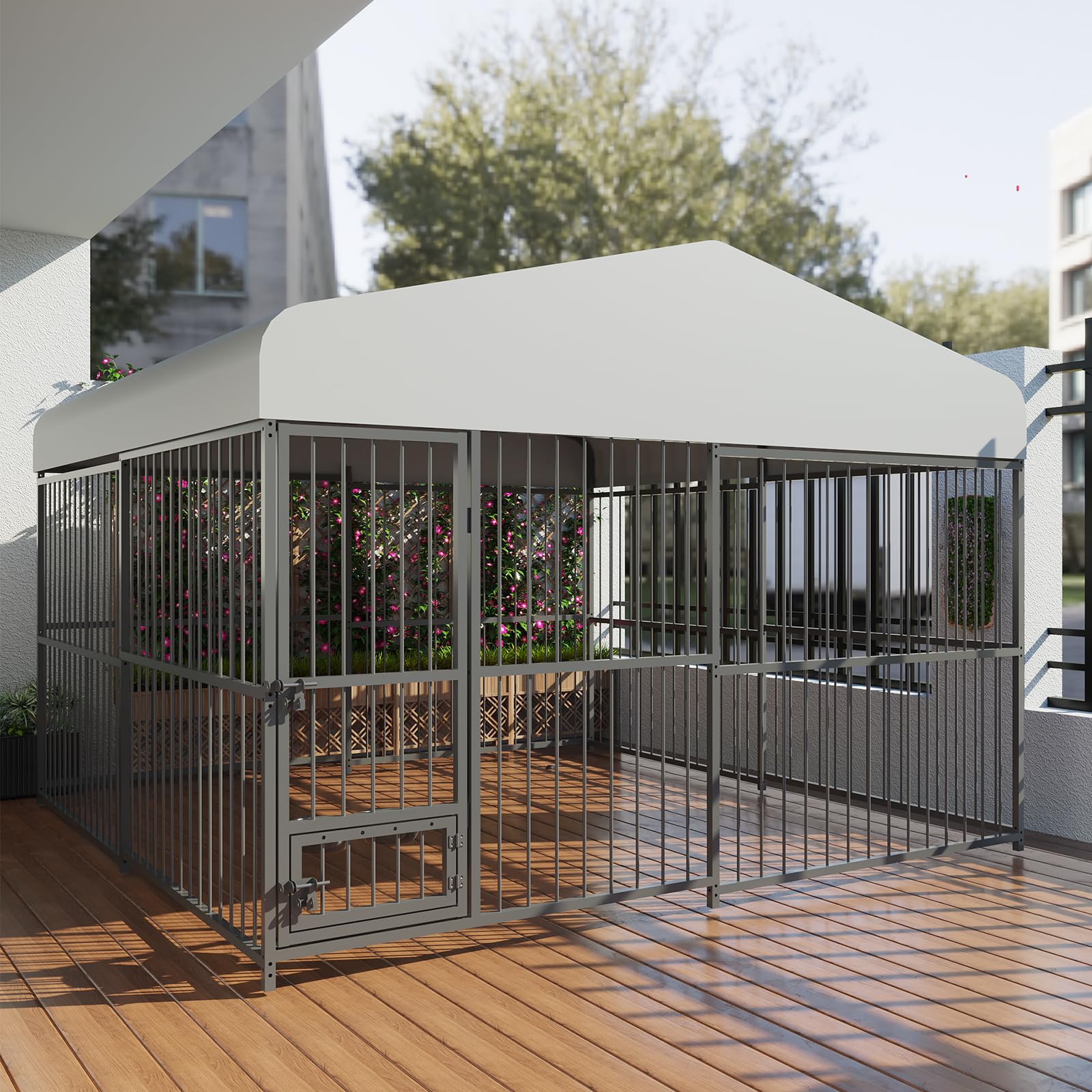 Photo 1 of 10X10x6 FT Dog Kennel Outdoor, Heavy-Duty Metal Dog Playpen for Large & Medium Dogs, Dog Crate Enclosure with Waterproof UV-Resistant Cover, Secure Lock & Easy Assembly