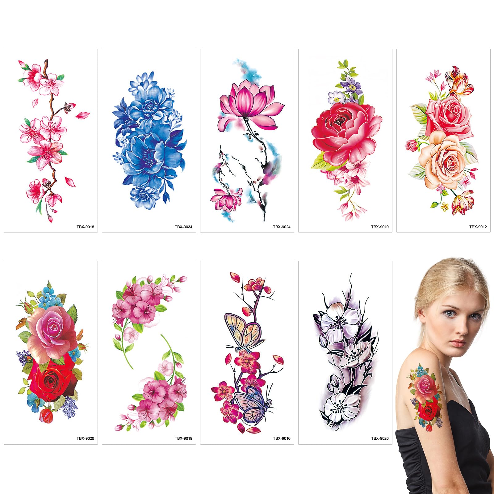 ULTNICE Temporary Flower Tattoo Stickers 9 Sheets Waterproof Body Art with Peony Lotus Cherry Blossoms for Women Festival Party Beach
