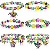 Huquary 6 Pcs Mardi Gras Beaded Bracelets Purple Green Gold Stretch Bracelets with Mask Fleur De Lis Charm Party Jewelry for Women Carnival Parade