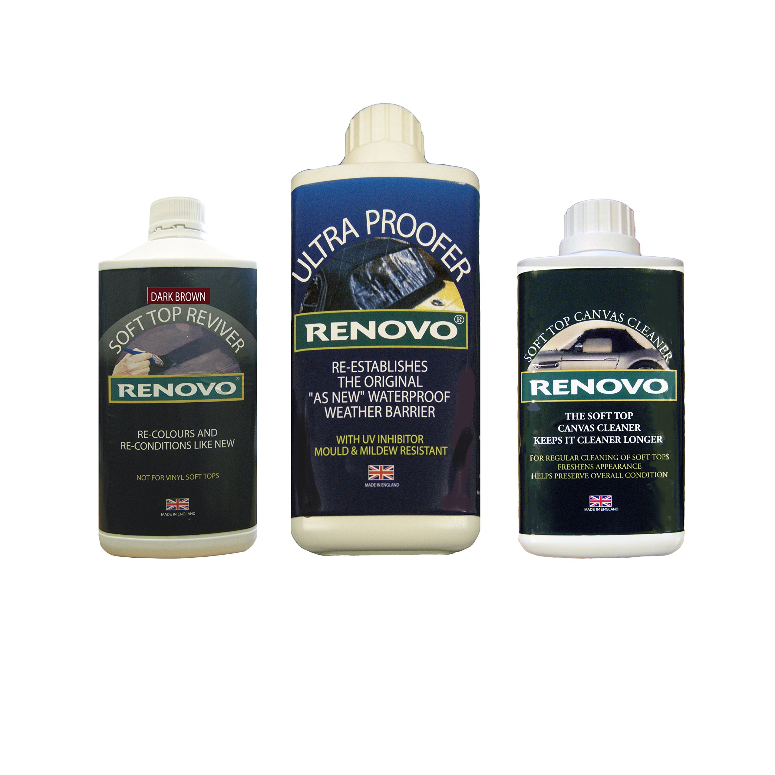 Renovo REN-KIT6 Triple Cleaning and Renewal Kit includes the Dark Brown Soft Top Reviver 500ml, Soft Top Ultra Proofer 1L & Soft Top Canvas Cleaner 500ml