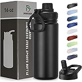 DOMICARE 16 oz Kids Water Bottle for School Stainless Steel Double Wall Vacuum Insulated Water Bottle with Straw lids & Spout Lid, Leakproof BPA Free （Black,1)