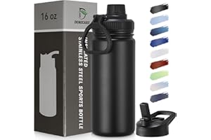 DOMICARE 16 oz Kids Water Bottle for School Stainless Steel Double Wall Vacuum Insulated Water Bottle with Straw lids & Spout Lid, Leakproof BPA Free （Black,1)