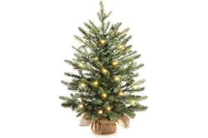 HSTEY Mini Christmas Trees 24" with 25 LED Lights, 2 ft Decorated Burlap Artificial Tabletop Christmas Trees Home Party Decoration for Kitchen Dining Room Window