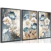 3 Pcs Modern Luxury Lotus Flower Canvas Wall Art White and Blue Floral Painting Pictures Wall Decor Posters Print Artwork for Living Room Bedroom Bathroom Office Home Decoration Unframed