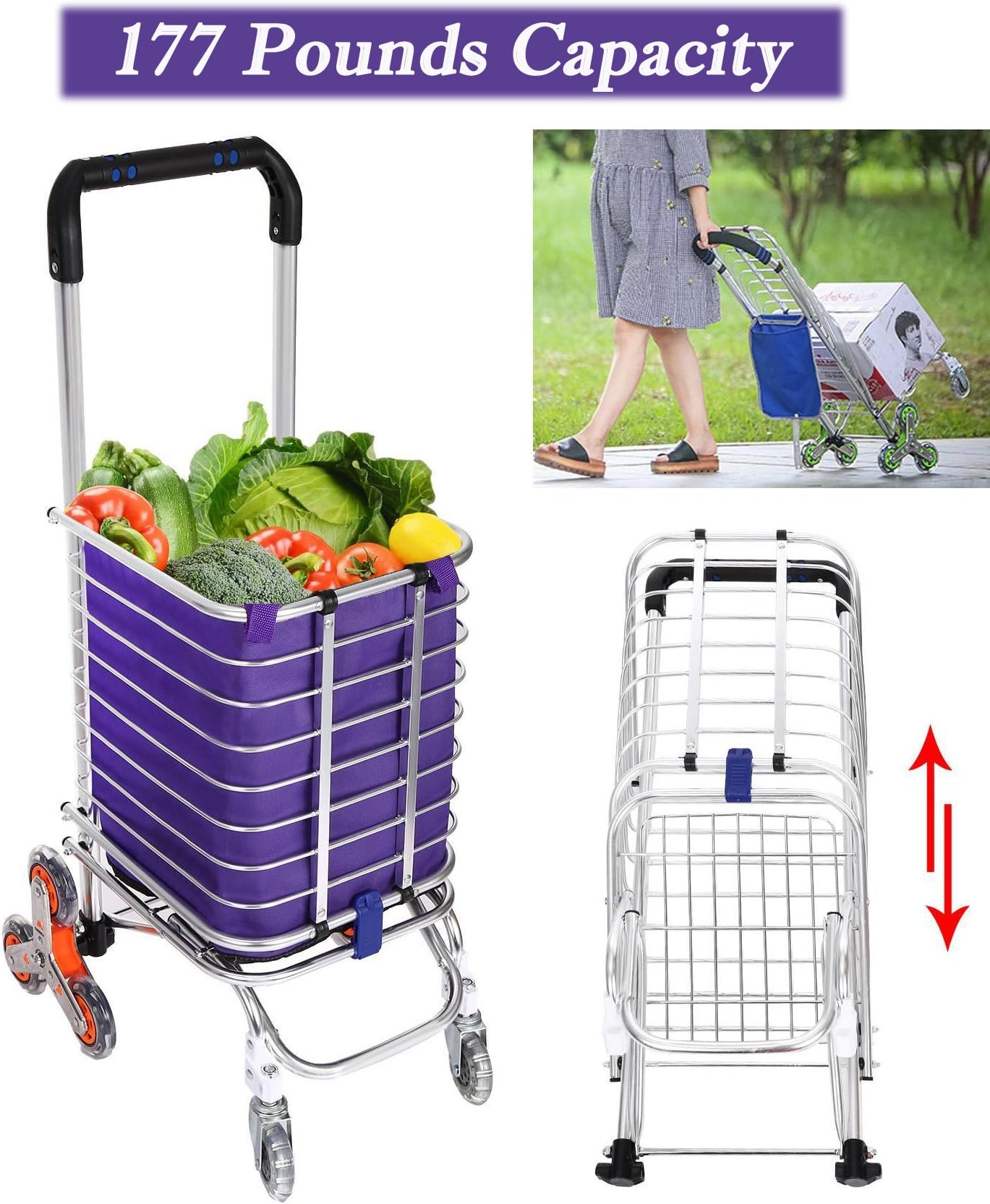 Folding Shopping Cart, Aluminum Stair Climbing Grocery Transit Utility Cart with Swivel Wheel and Waterproof Bag, 177 Pounds Capacity