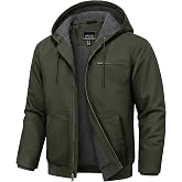 Cotrasen Men's Hooded Work Jacket Duck Canvas Sherpa-Lined Winter Coat | 5 Pockets, Thermal Insulation, Waterproof &amp; Windproof, Heavyweight, Cotton Canvas Jacket With Hood, Warm Fleece Sherpa Lining
