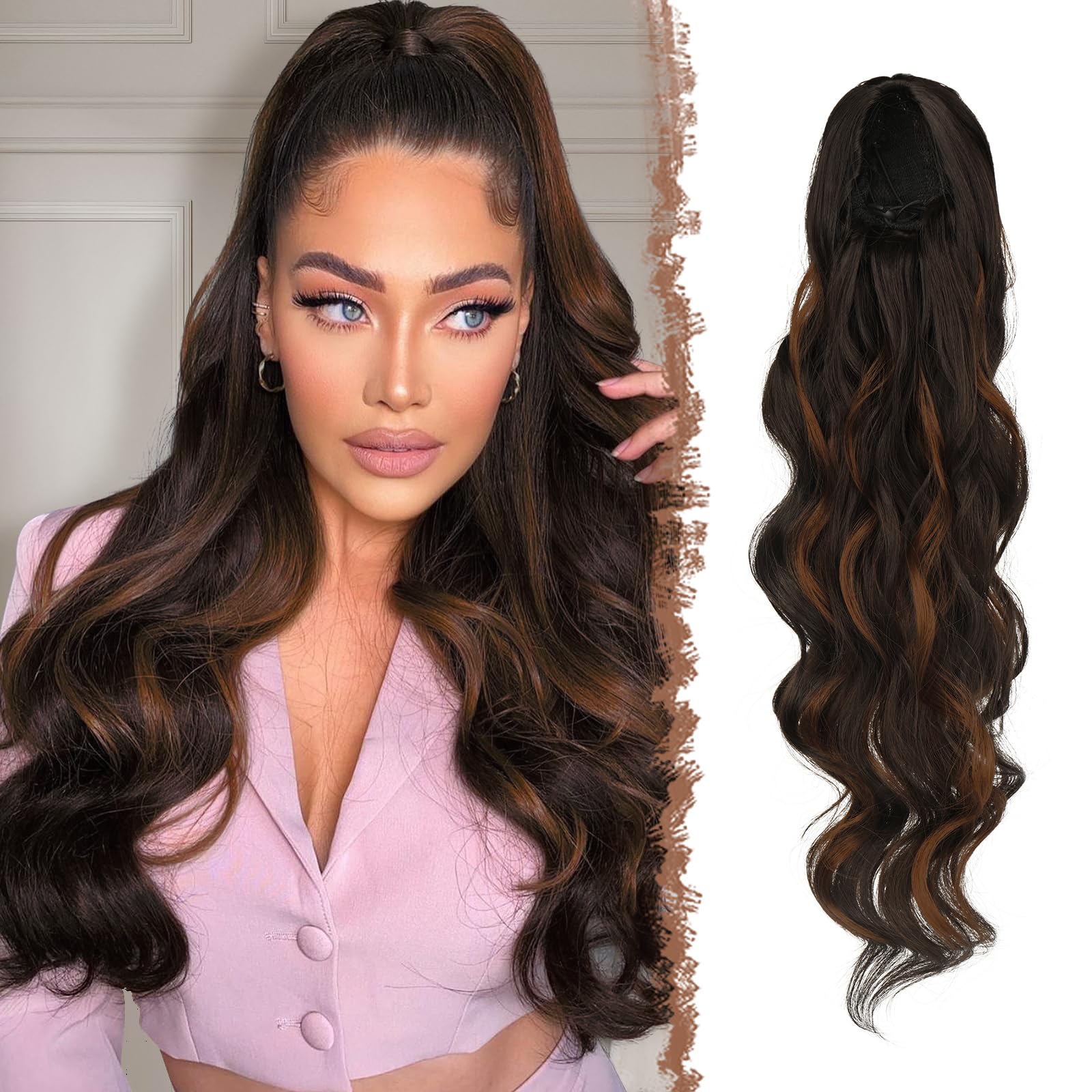 FESHFEN Long Ponytail Extension Curly Wavy Clip in Synthetic Hairpieces Drawstring Ponytail Pony Tail Hairpiece Hair Pony Extension for Women Girls, 24 inch Dark Brown and Light Auburn
