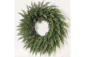 FOTEEWL 24" Real Touch Artificial Cedar Wreath - Faux Christmas Wreaths for Front Door,Faux Pine Green Wreath for Home, Holiday, Fireplace, Mantle,Wall, Windows, Xmas, Outdoor Decoration
