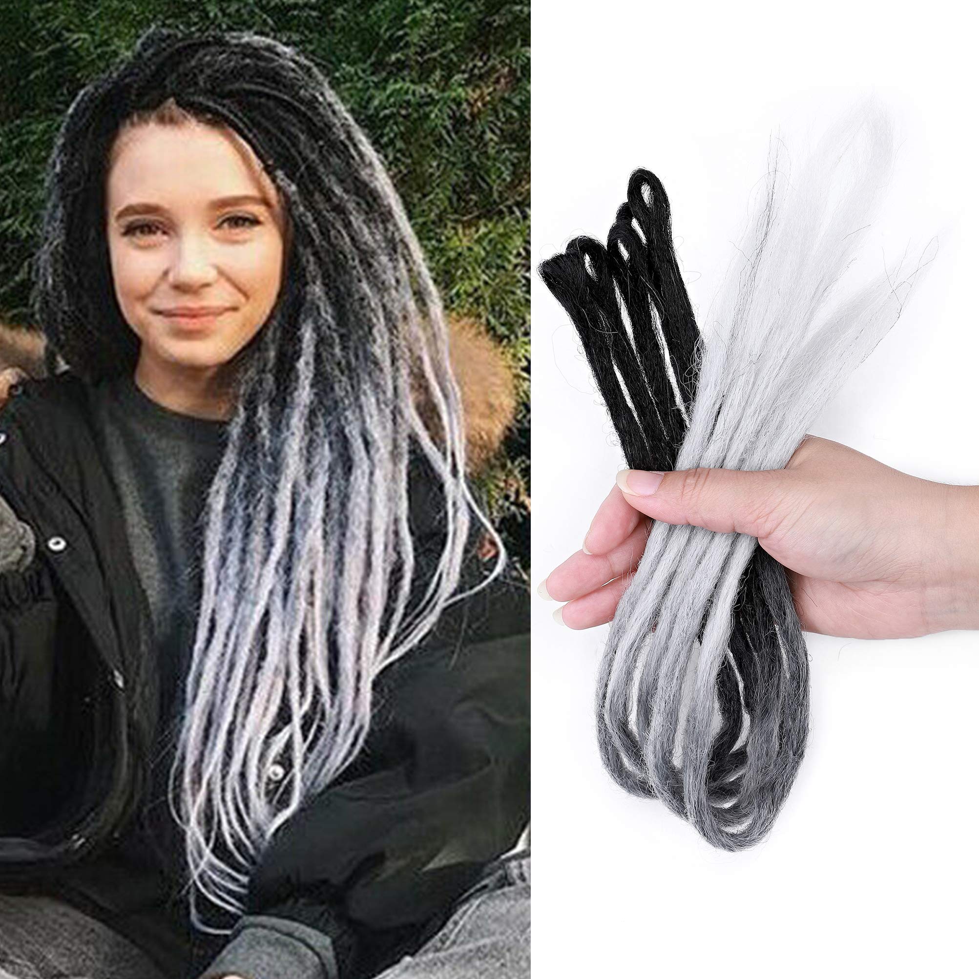24 Inch Ombre Dreadlock Extensions for Women Men Synthetic Handmade Dread Extension Long Single Ended Hippie Style Reggae Hair Twist Braiding Hairpiece 5pcs - Black to Dark Grey to Silvery Grey