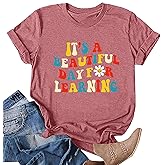 Teacher Shirts for Women It's a Beautiful Day for Learning T-Shirt Book Lovers Letter Printed Short Sleeve Tee Tops