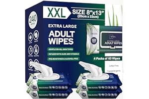 OPTEEL Adult Wipes For Elderly - 8"x13" 240ct (4 Packs of 60) Huge & Soft Non-Flushable Body Wipes for Adults Bathing No-Rinse - Incontinence Disposable Washcloths, Vitamin E & Aloe Infused Shower Wipes.