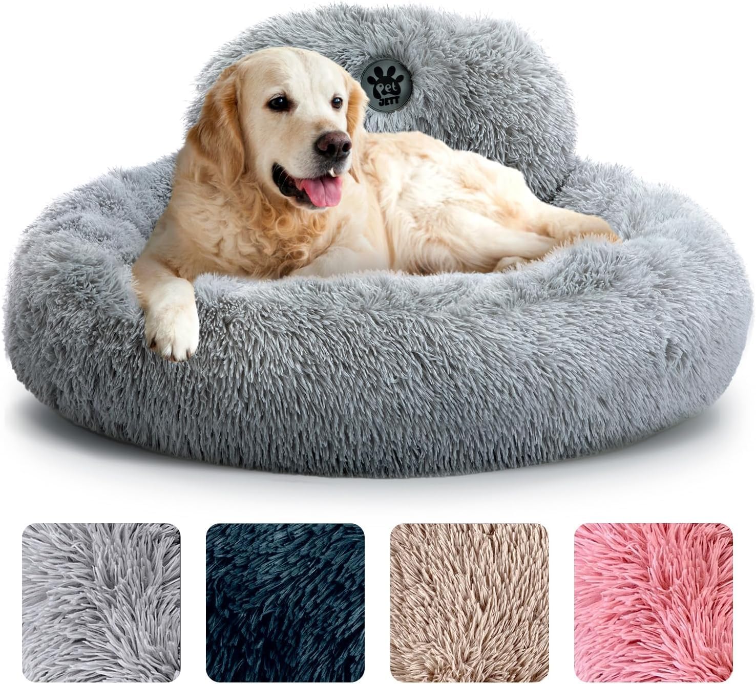 Photo 1 of PetJett Calming Dog Beds Large Sized Dog - 36'' Round Bed, Anti-Slip & Washable Super Soft Donut Bed, Fluffy Faux Fur Anti-Anxiety Premium Comfort Pet Bed, Fits Dogs up to 100 lbs - Bright Grey