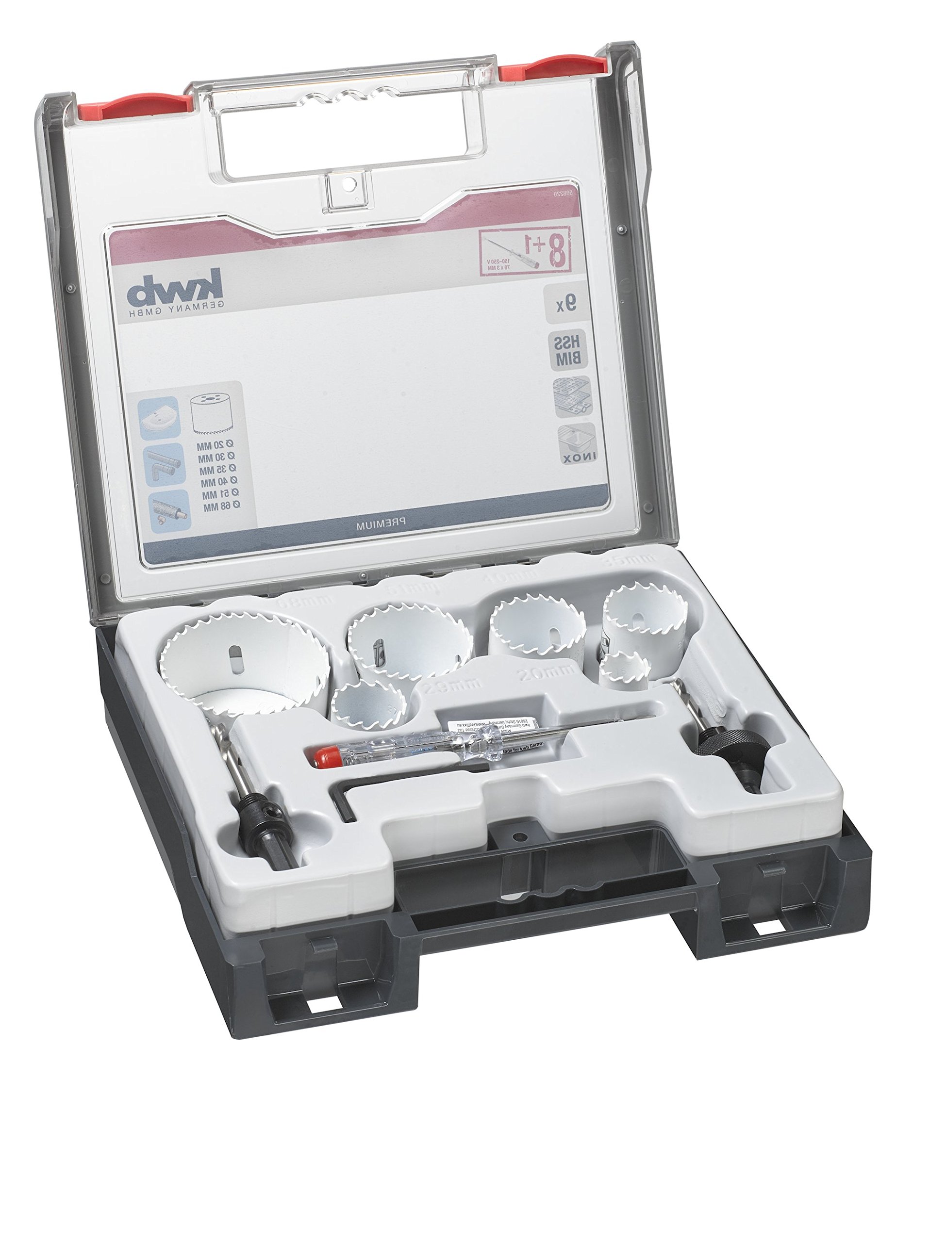 kwb 9-Piece Professional Bi-Metal Hole Saw Set, Vario Tooth Design, 8% Cobalt, Includes Voltage Tester, Ø 20, 30, 35, 40, 51 & 68 mm