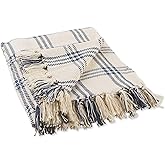 DII Modern Farmhouse Plaid Collection Cotton Fringe Throw Blanket, 50x60, White/French Blue