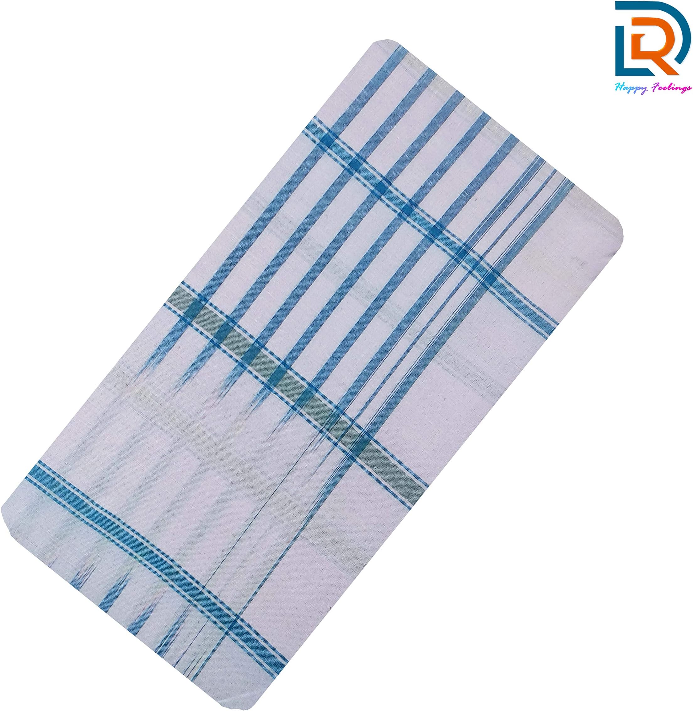 DGR Men's High Durable Cotton Lungi for Casual Wear (White and Blue, Free Size)