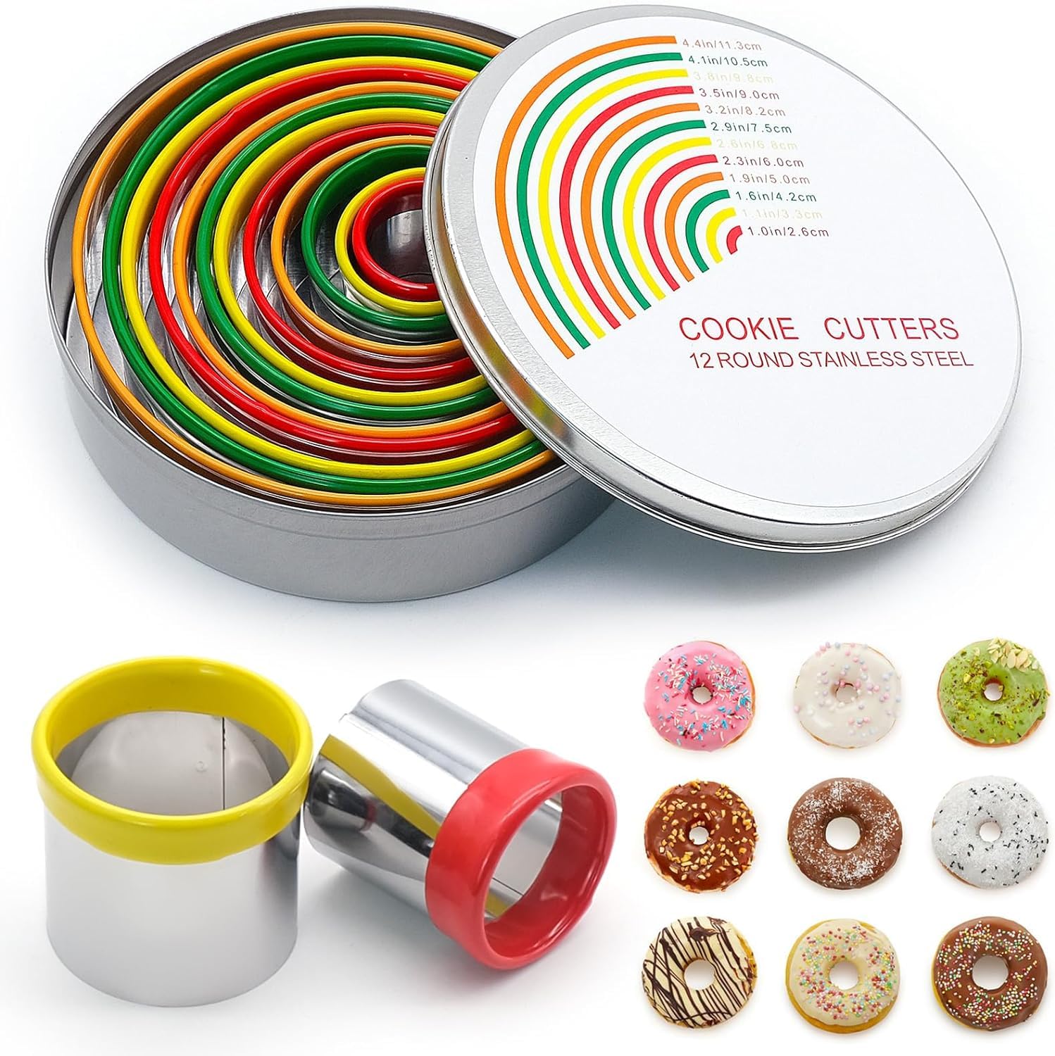 12 Pcs Round Cookie Cutters, Colorful Pastry Cutter Set, Stainless Steel Circle Cookie Cutter Ring with Rubber Coating Baking Dough Tools for Dough, Pastry, Donut, Fondant, DIY (12 Sizes )