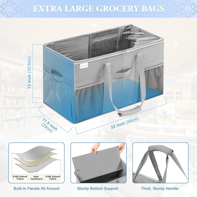 Borsa Shopping Extra Large 2 Pezzi, Borse della Spesa Riutilizzabili Resistenti e Capienti con Tasche e Manici, Borsa Shopping Strutturata e Pieghevole, Borse per la Spesa con Coperchio e Scomparti — foto 5 di 7