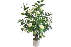 ECOFOREST Artificial Camellia Tree 35in Faux Floral Plant with White Flowers and Green Leaves - No Maintenance Indoor Outdoor