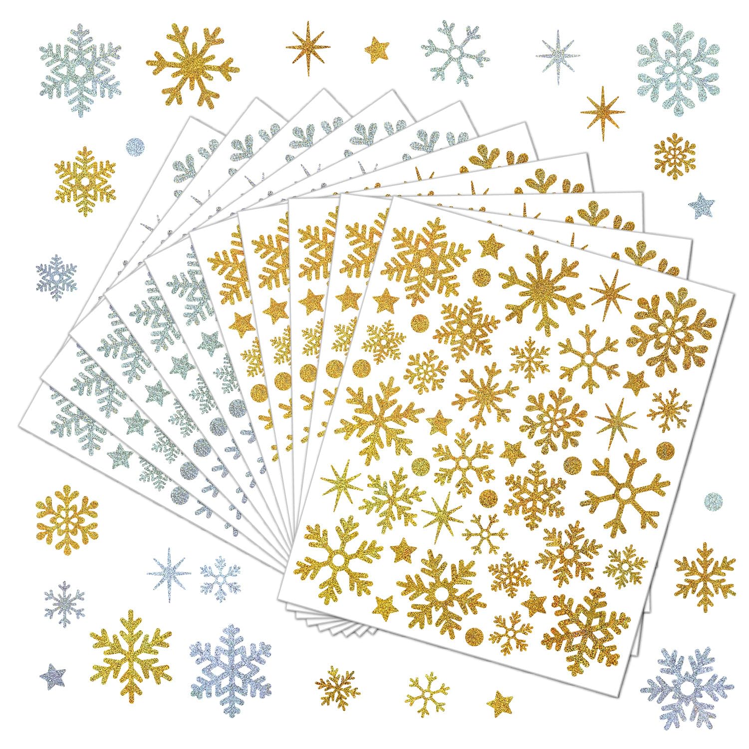 Photo 1 of 10 Sheets Gold & Silver Holographic Sparkly Snowflake Stickers – Waterproof Self-Adhesive Winter Snowflake Decals for Scrapbooking, Christmas Decoration, Envelopes, Holiday Cards