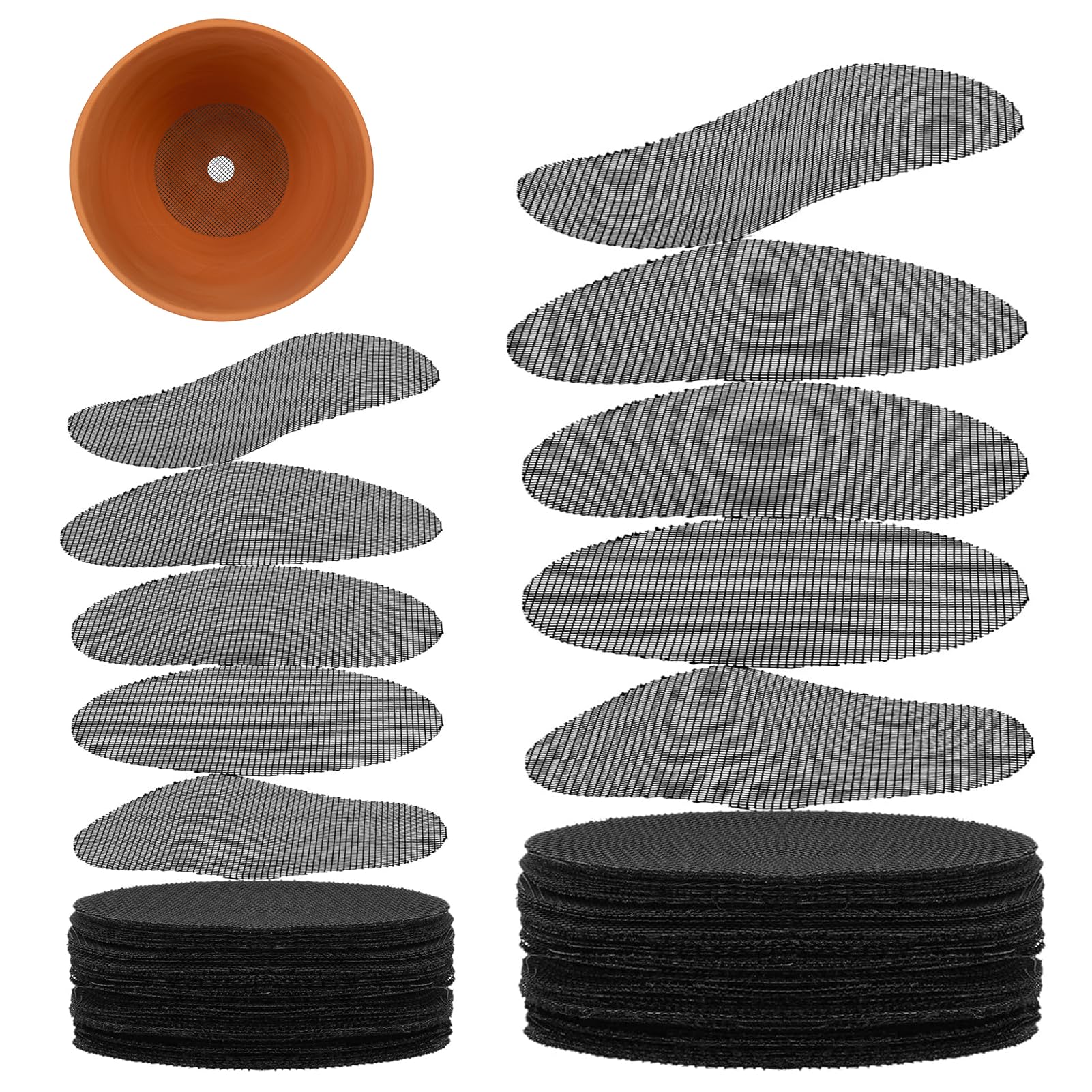 TYVOM 100 Pcs Round Plant Pots Pad Flower Pot Hole Mesh Gardening Mat Pot Bottom Grid Mat Mesh for Garden Prevent Soil Loss Drainage Screens (Black, Round)