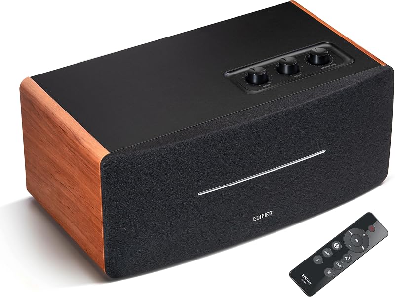 D12 - Haut-Parleur de Bureau Bluetooth stéréo intégré - Haut-Parleur sans Fil pour Ordinateur de Bureau - 70 Watts RMS avec Sortie Ligne subwoofer, Bois