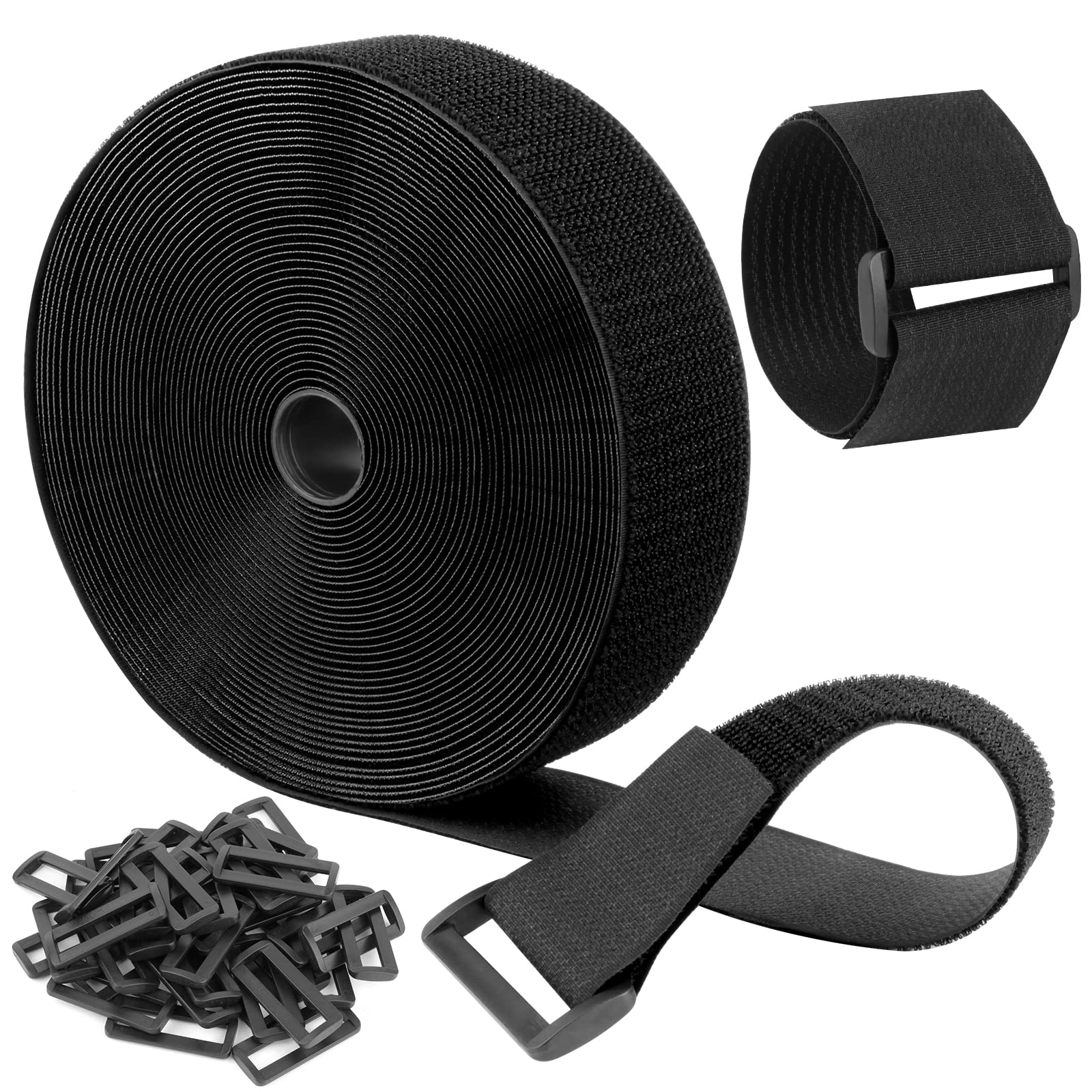 12m Adjustable Cable Straps with 40 Buckles, Hook and Loop Straps, Cable Ties, Cable Strips, Free Cut Length, Reusable Nylon Securing Cord Ties for Organizer or Storage, 5cm Wide, Black(12m x 5cm)