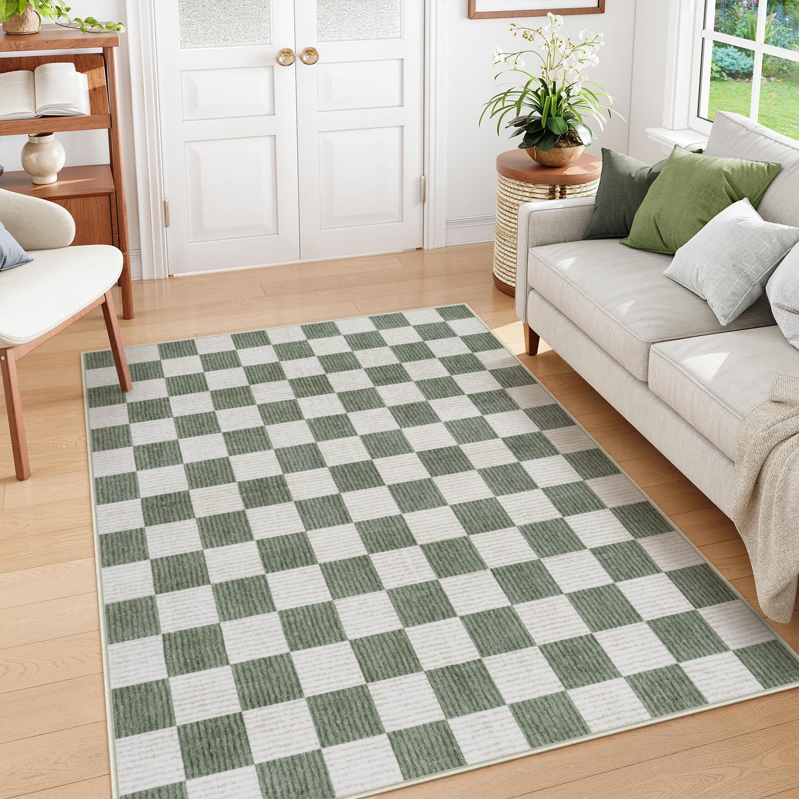 Photo 1 of Machine Washable 5x7 Area Rugs for Living Room Checkered, Non Slip Soft Low Pile Farmhouse Geometric Modern Neutral Playroom Boys Rugs for Bedroom, Large Carpet Rugs for Dining Room(Green,5'x7')