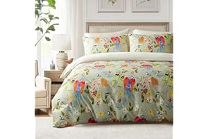 MKXI King Jungle Duvet Cover Red Bird Animal Bedding Leaves Print Comforter Cover Green Floral Vintage Bed Cover with Zipper and Ties