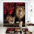 jieprom 4PCS Red Rose and Lion Shower Curtain Bathroom Set with Rugs, Toilet Lid Cover and Bath Mat, Red Shower Curtain with 12 Hooks, Complete Bathroom Accessories Decor Set