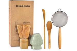Shonmisen Traditional Matcha Tea Whisk Set with Bamboo Chasen, Ceramic Holder, Scoop, Spoon, Strainer, 5 Piece Japanese Ceremony Kit matcha whisk