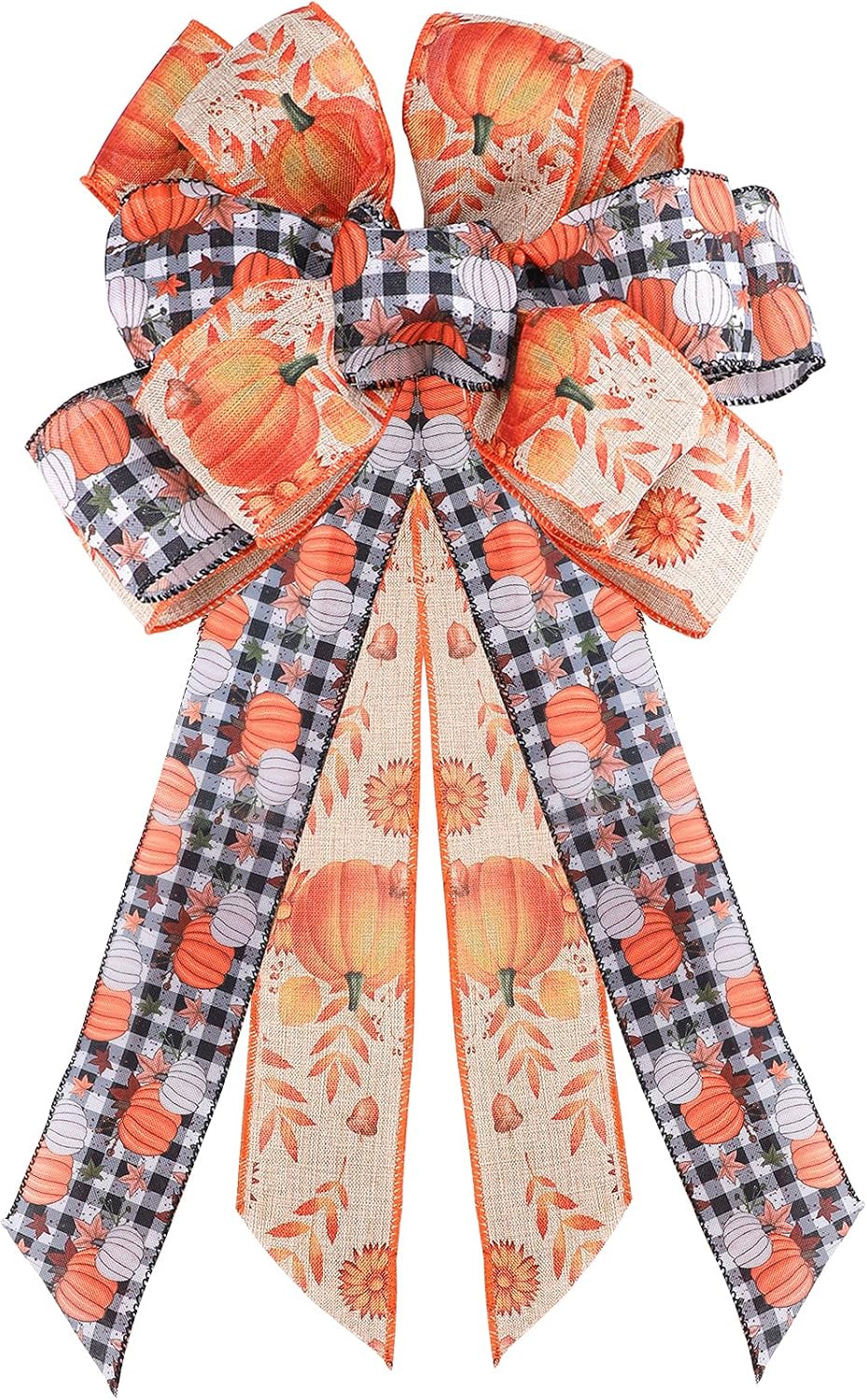 Bows & Ribbons - Halloween Wreath Bow Large Topper Bow Orange Pumpkin Pattern Black White Buffalo Plaid Bow Rustic Bowknot Ornaments Decorative Gift Bow for Halloween Party Home Wedding Thanksgiving Party Favor Decor