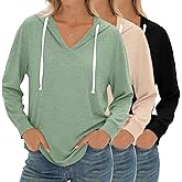 Velvelhall 3 Pack Women's Long Sleeve V Neck Hoodies, Drawstring Drop Shoulders Sweatshirt Loose Fit Curved Hem Oversized Top