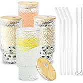 Icesip 4 Pcs 16oz Drinking Glasses Cups Set with Bamboo Lids Straws Brush Begonia Vintage Glassware Set for Juice Iced Coffee Beer Cocktail Whiskey