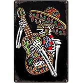 SREELEATHERS Vintage Metal Signs - Mexican Skeleton Playing Guitar Poster Mexico Day of The Dead Skull Tin Sign Wall Art Decor Plaque for Home Bar Pub Club Living Room 8x12 inch