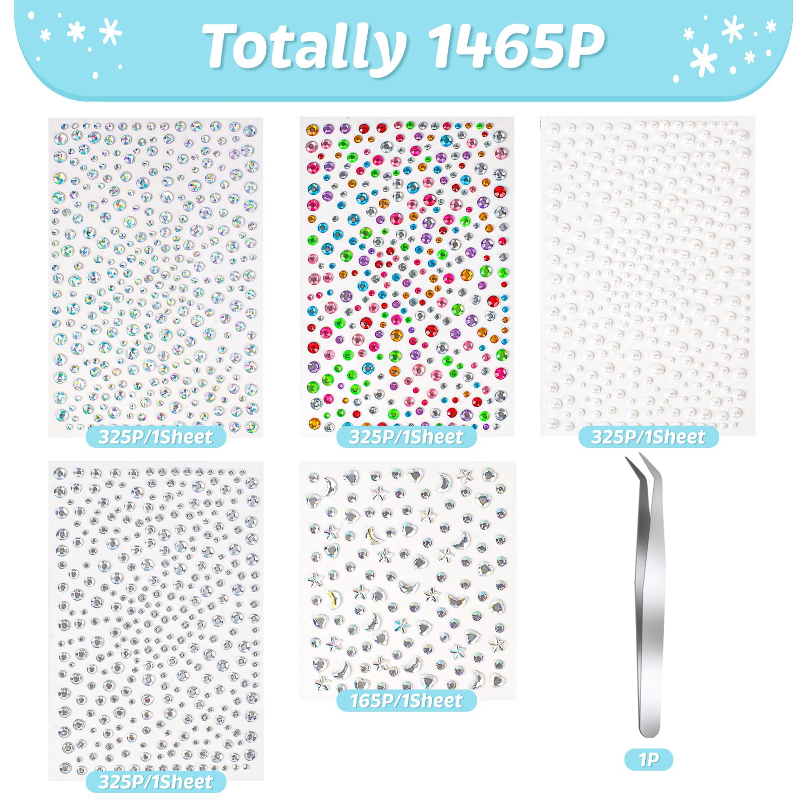 vivinin 1465P Face Gems, Self-Adhesive Hair Gems, 5 Different Types of Face Rhinestones, Face Gems Stick On for Face, Eyes, Body, Hair, Makeup, Festival Decorations, DIY Crafts