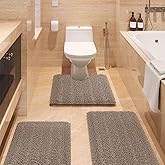 ACCUMTEK Striped Ultra Soft Bathroom Rugs and Mats Set 3 Pieces Bath Mat Set Dark Beige, Thick Chenille Bath Rugs Non Slip Bath Mats for Bathroom, Kitchen