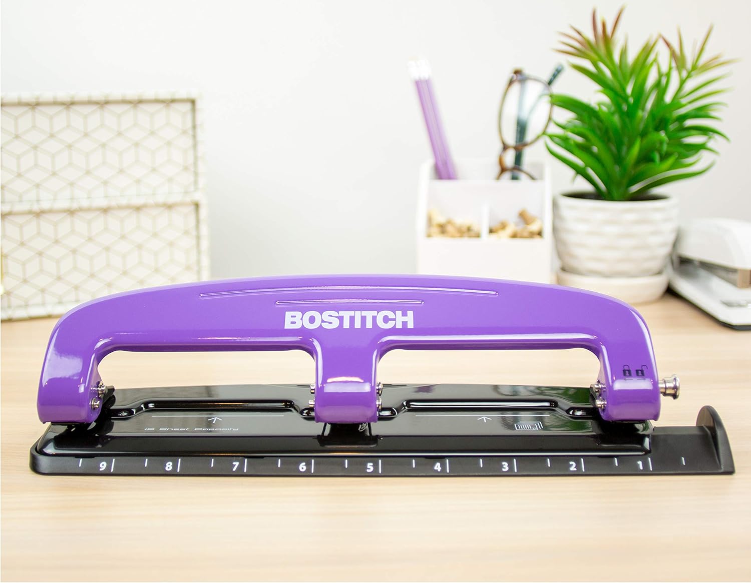 Bostitch Office EZ Squeeze Reduced Effort 3-Hole Punch, 12 Sheets, Purple (2105), 1.6" x 3" x 11" : Desk Staplers : Office Products