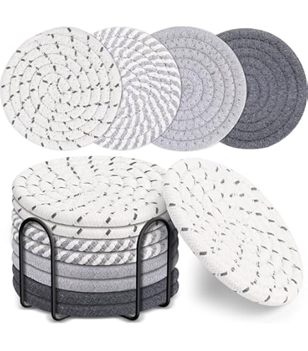 Whaline Winter Snowflake Braided Cotton Coasters, Set Of 4, Grey & White, Absorbent For Hot/Cold Drinks - View #8