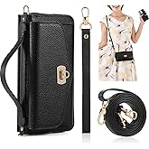 REEGINCH Crossbody Wallet Case for iPhone 16 6.1", Magnetic Detachable PU Leather Phone Case with RFID Blocking Card Holder Wristlet Mirror Flip Zipper Shoulder Purse Clutch for Women - Black B